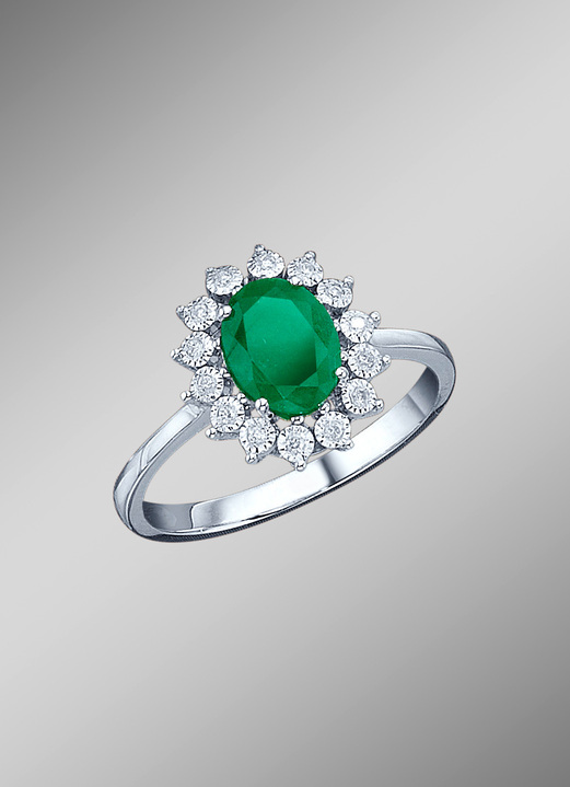 Ringen - Majestueuze damesring met diamanten en echte smaragd, in Größe 160 bis 220, in Farbe