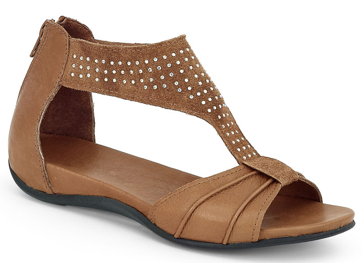 Sandalettes & slippers - Sandaal met strass steentjes, in Größe 036 bis 041, in Farbe COGNAC