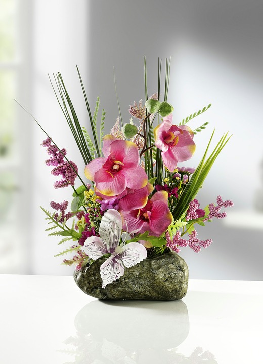 Kunst- & textielplanten - Orchidee arrangement op steen, in Farbe ROZE