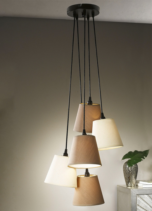 Lampen  & lampjes - Hanglamp, 5 lichtpunten, van metaal, met stoffen lampenkappen, in Farbe BRUIN-BEIGE