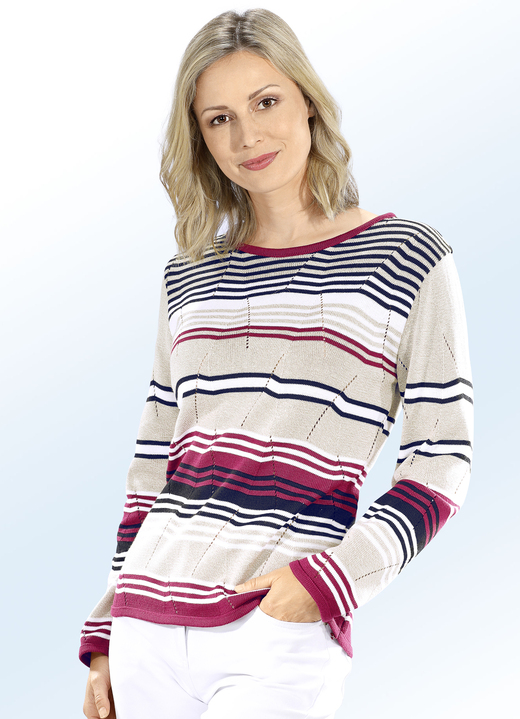Damenmode - Pullover in Ringeldessin mit Ajourakzenten, in Größe 038 bis 054, in Farbe KIRSCHROT-SAND MELIERT-MULTICOLOR