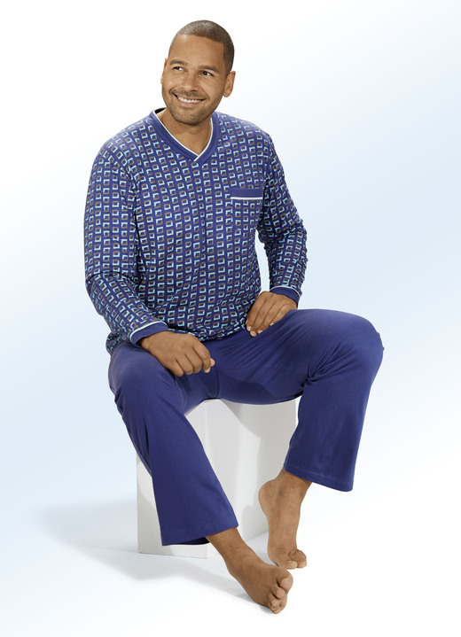Pyjama's - Pyjama met V-hals en opgezet borstzakje, in Größe 025 bis 062, in Farbe BLAUW/MUNT