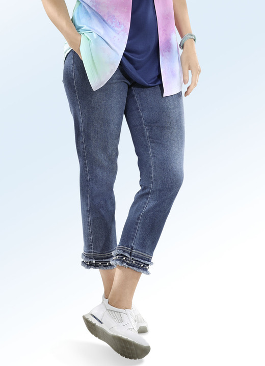 - Jeans in 7/8-lengte met franjes aan de zoom en prachtige parelversiering, in Größe 019 bis 058, in Farbe JEANSBLAUW Ansicht 1