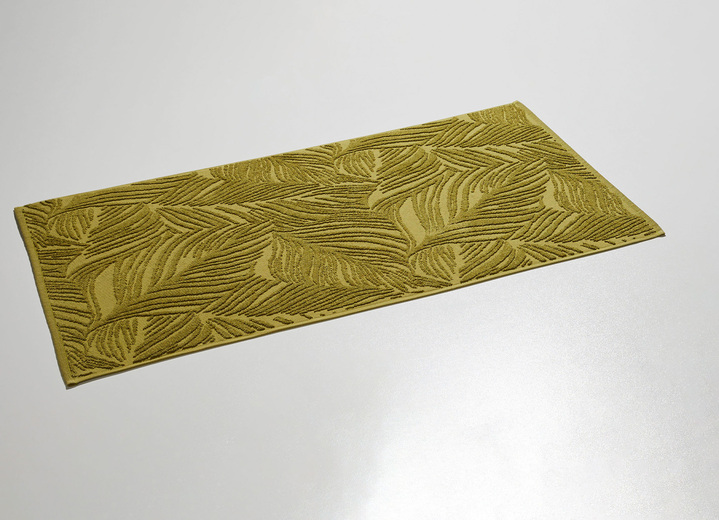 Huishoudtextiel - Barrevoetszachte badmat met een natuurlijk bladdessin, in Farbe OLIJF, in Ausführung Overal met patroon Ansicht 1