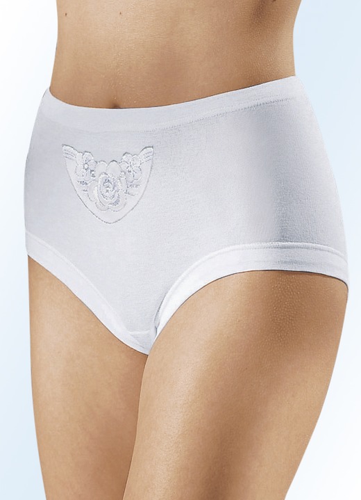 Damenmode - Fünferpack Slips mit Batistmotiv, in Größe 040 bis 060, in Farbe WEISS