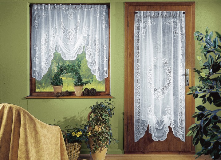 Klassiek - Raamdecoratie met roededoorgang, in Größe 022 (vitrage in M-vorm, H 100 x B 120 cm) bis 172 (Deur-store, H 180 x B 90 cm), in Farbe WIT