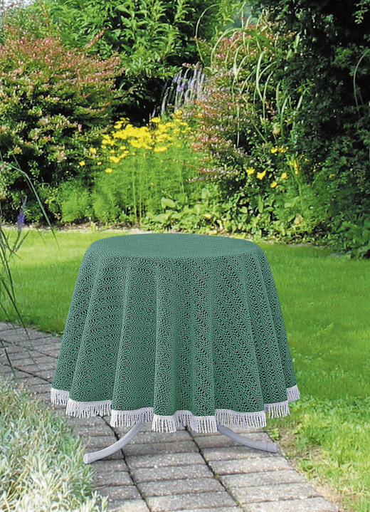 Tafellakens - Wind- en weerbestendig tuintafelkleed met franjes aan de randen, in Größe 110 (tafelkleed 110 x 140 cm) bis 190 (Tafellaken ovaal, 140 x 190 cm), in Farbe DENNENGROEN Ansicht 1