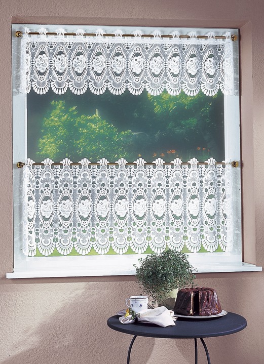 Plauener Spitze - Bezaubernde Kurzgardine mit Stangendurchzug, in Größe 662 (H 30 x B 125 cm) bis 858 (H 65 x B 200 cm), in Farbe WEISS UNI Ansicht 1