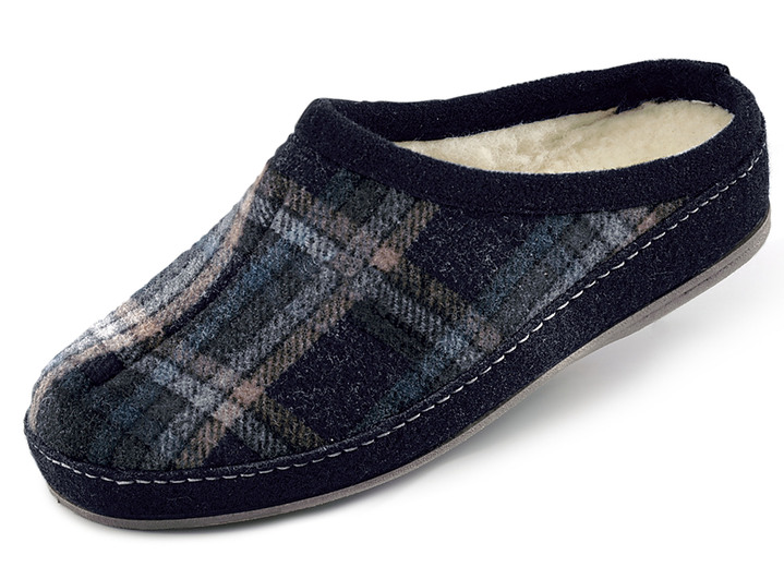 Huisschoenen - Gevoerde herenpantoffels, met nieuwe wol, in Größe 039 bis 046, in Farbe ZWART-MEERKLEURIG