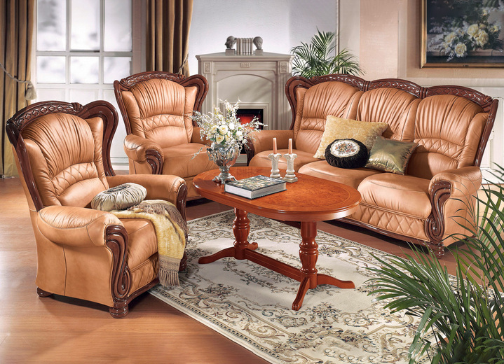 Gestoffeerde meubels - Aantrekkelijke lederen suite met een massief houten frame en houtsnijwerk, in Farbe ZALMROZE, in Ausführung 1 driezitter, 1 tweezitter en 1 fauteuil