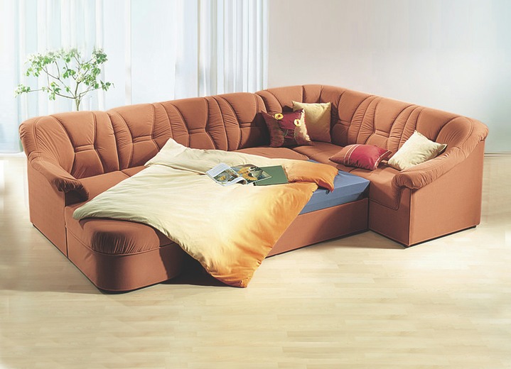 Hoekbankstellen - Gestoffeerd meubel met zachte bekleding van microvelours, in Farbe TERRA, in Ausführung Hoekbank met slaapfunctie, 243 x 178 cm Ansicht 1