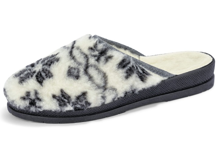 Huisschoenen - Slippers gemaakt van bedrukt pluche materiaal, in Größe 036 bis 043, in Farbe ECRU-GRIJS Ansicht 1