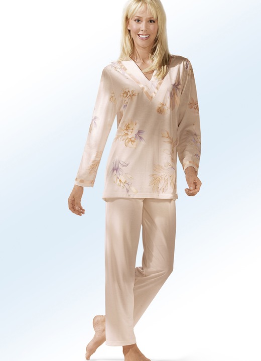 Pyjama's & shorties - Pyjama met V-hals en lange broek, in Größe 036 bis 052, in Farbe ABRIKOOS-MEERKLEURIG