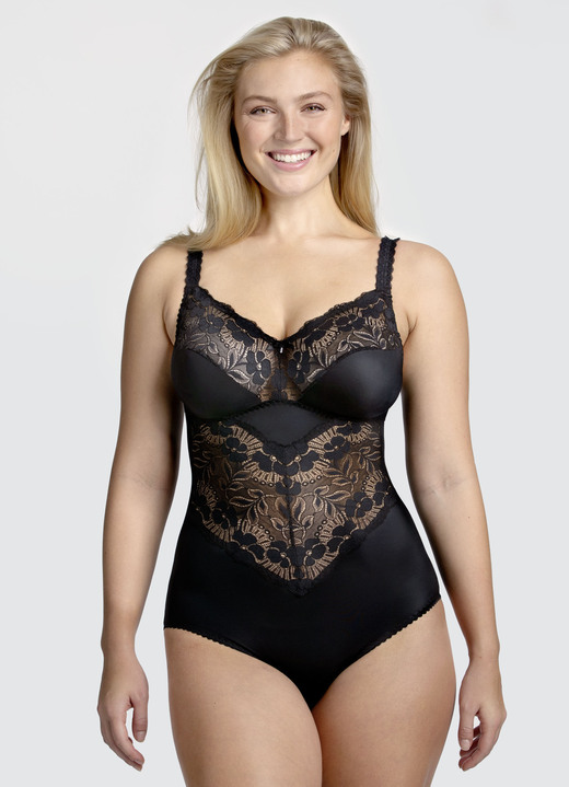 Corselet - Miss Mary broekcorselet met elastische kanten inzetstukken, in Größe 075 bis 105, in Cup D, in Farbe ZWART Ansicht 1