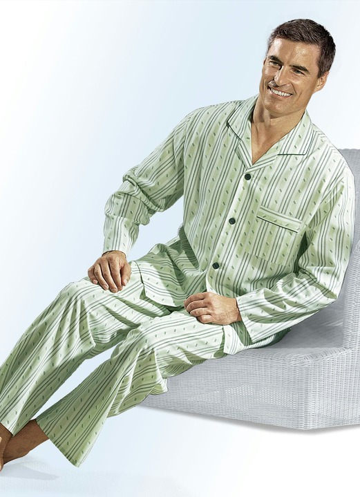 - Pyjama, casual model en met doorlopende knopen, van geweven stof, in Größe 048 bis 060, in Farbe LINDENGROEN-MEERKLEURIG