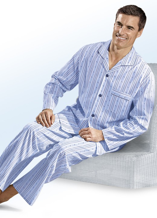 - Pyjama, casual model en met doorlopende knopen, van geweven stof, in Größe 048 bis 060, in Farbe BLAUW-MEERKLEURIG