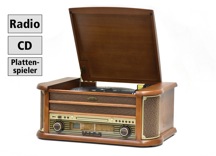 Nostalgische apparaten - Nostalgische stereo-installatie met een rustieke behuizing van echt eikenhout, in Farbe BRUIN Ansicht 1