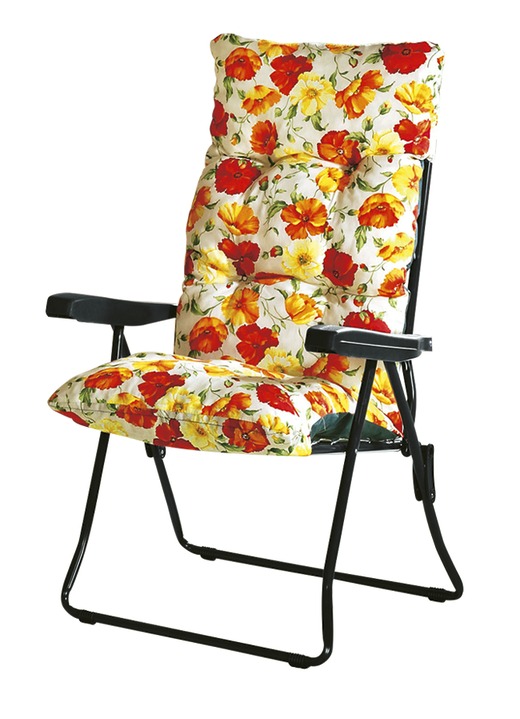 Tuinmeubels - Tuinmeubelen met gelakt stalen buizenframe en veerbekleding, in Farbe ORANJE, in Ausführung opvouwbare stoel met hoge rugleuning en kussen Ansicht 1