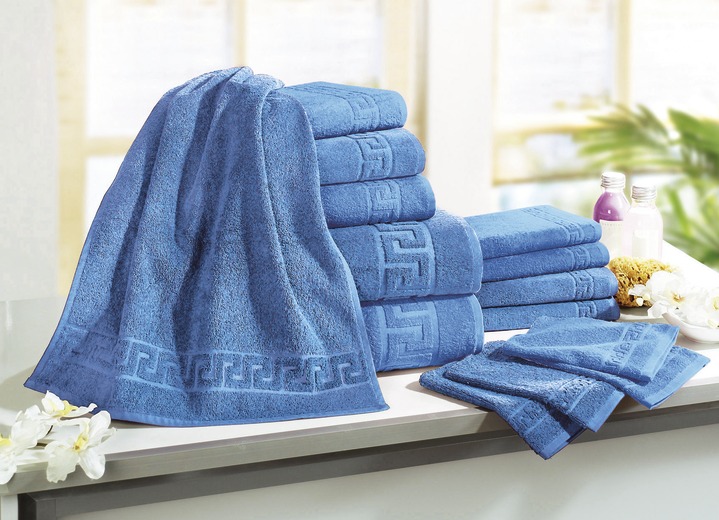 Handdoeken - Badstofserie met meander-jacquardstructuur, in Größe 200 (1 handdoek, 50/90 cm) bis 208 (Voordeelset 14-delig), in Farbe BLAUW Ansicht 1