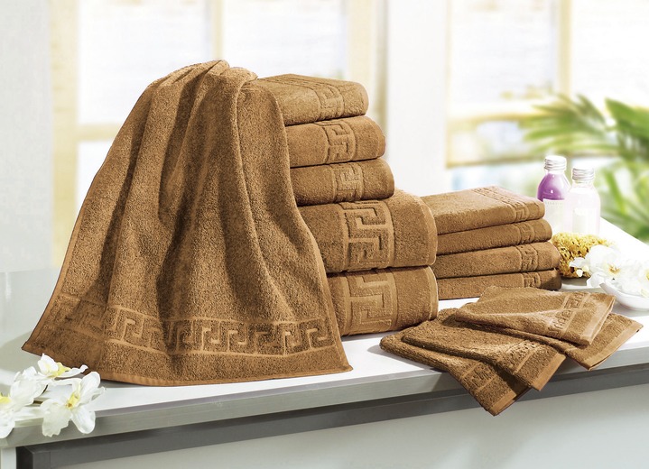 Handdoeken - Badstofserie met meander-jacquardstructuur, in Größe 200 (1 handdoek, 50/90 cm) bis 208 (Voordeelset 14-delig), in Farbe BRUIN Ansicht 1