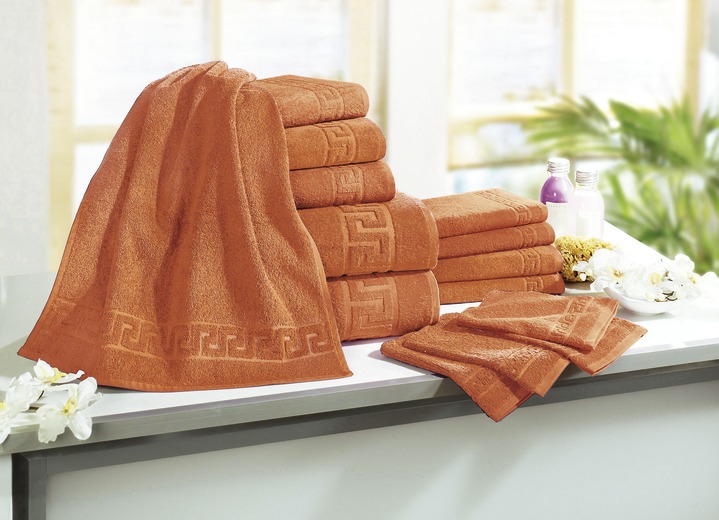 Handdoeken - Badstofserie met meander-jacquardstructuur, in Größe 200 (1 handdoek, 50/90 cm) bis 208 (Voordeelset 14-delig), in Farbe TERRA Ansicht 1