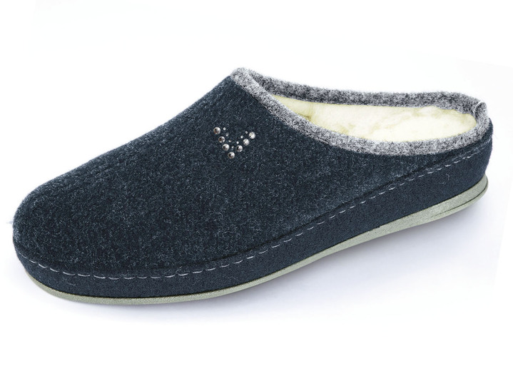 Huisschoenen - Ademende damespantoffels, met nieuwe wol, in Größe 036 bis 043, in Farbe DONKERBLAUW - LICHTBLAUW Ansicht 1
