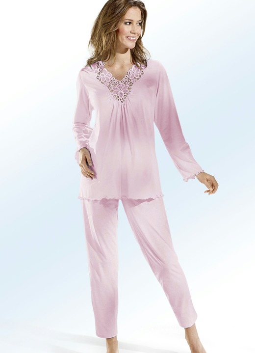 Pyjama's & shorties - pyjama met lange mouwen, een V-hals en kant, in Größe 036 bis 054, in Farbe ROSÉ Ansicht 1