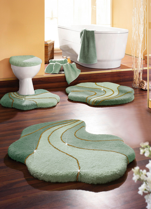 Badmatten - Badkamerset van Grund met goud glittergaren, in Größe 101 (douchemat, 50/80 cm) bis 109 (toiletdekselafdekking met touwtje, 47/50 cm), in Farbe GROEN Ansicht 1