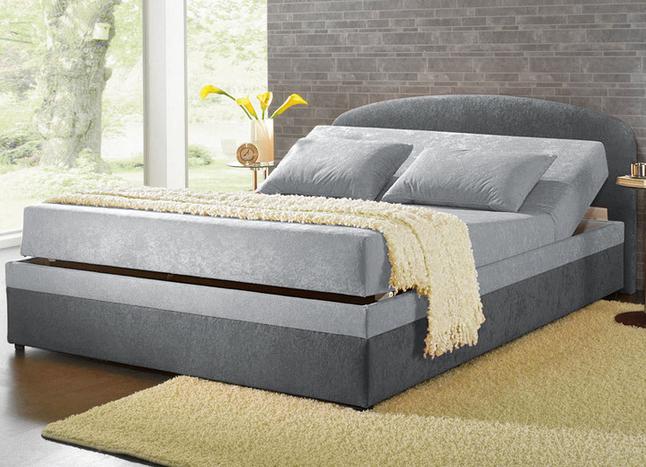 Gestoffeerde bedden - Gestoffeerd bed met ruime bedkast, in Farbe LICHTGRIJS, in Ausführung 1: Lighoogte 42 cm, vaste vulling met binnenvering, niet verstelbaar. Ansicht 1