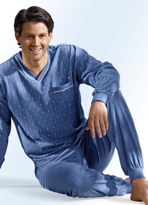 Pyjama's - Pyjama met V-hals en manchetten, in Größe 046 bis 066, in Farbe INDIGO-MEERKLEURIG Ansicht 1
