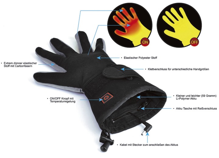 Thermokleding - Thermische handschoenen voor gelijkmatig warme handen, in Größe 1 (S-M maat handschoen 3,5-8) bis 2 (L-XXL maat handschoen 8,5-11), in Farbe ZWART-GRIJS Ansicht 1