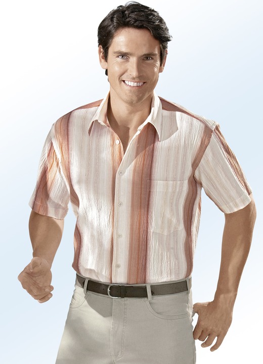 Korte mouw - Seersucker hemd met mooi strependessin, in Größe 3XL (47/48) bis XXL (45/46), in Farbe ECRU-ZALM-ABRIKOOS-TERRACOTTA GESTREEPT