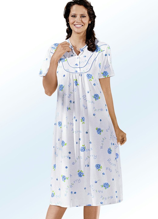Korte mouw - Nachthemd met korte mouwen en knoopsluiting, in Größe 040 bis 060, in Farbe WIT-BLAUW Ansicht 1