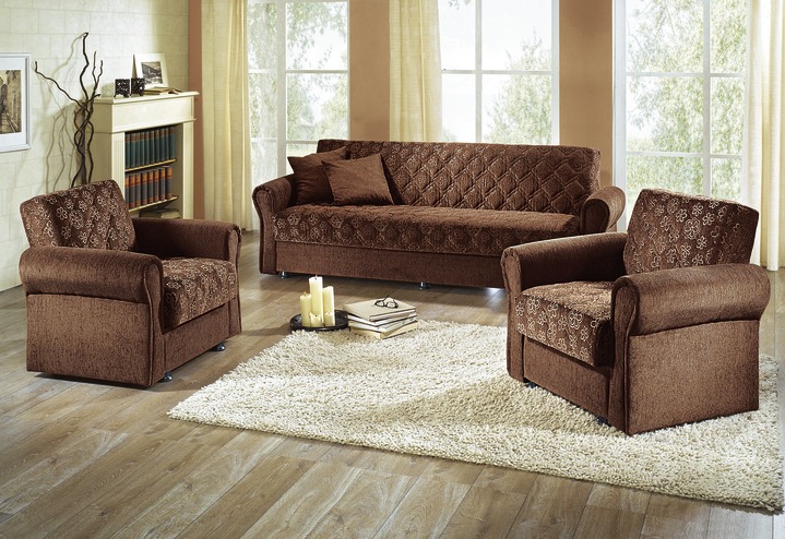 Klassieke meubels - Gestoffeerde groep in 3 delen, met bedkast, in Farbe BRUIN, in Ausführung Driezitter en 2 stoelen Ansicht 1