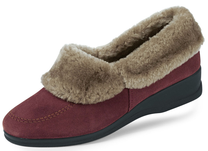 Huisschoenen - ELENA EDEN pantoffels met voering van echte schapenvacht, in Größe 036 bis 043, in Farbe BORDEAUX-TAUPE Ansicht 1
