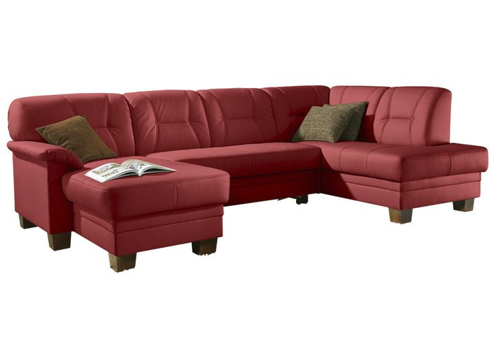 Polsterecken - Polstermöbel auf robusten, echten Holzfüßen, in Farbe ROT, in Ausführung Wohnlandschaft mit Relaxfunktion, 156x296x168 cm
