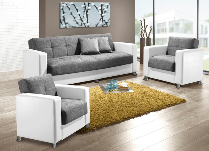 Gestoffeerde meubels - 3-delige gestoffeerde groep met kussens, in Farbe WIT-GRIJS Ansicht 1