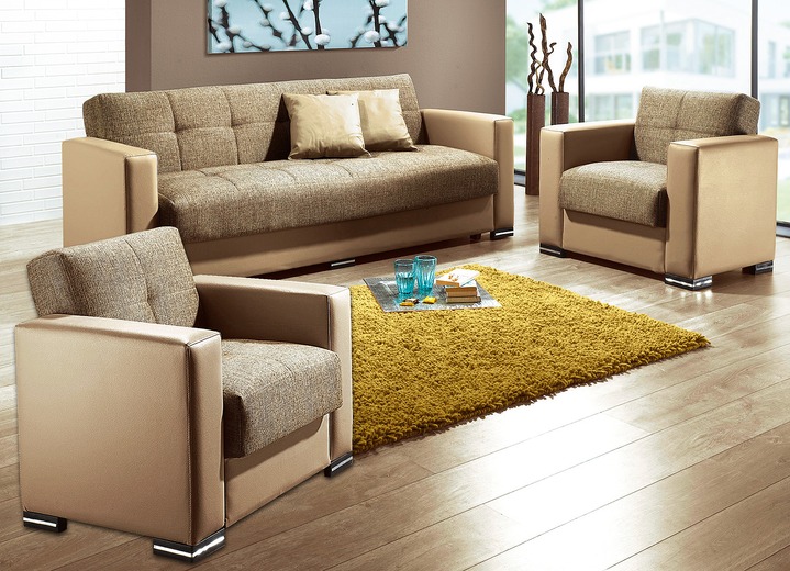 Gestoffeerde meubels - 3-delige gestoffeerde groep met kussens, in Farbe ZANDCAPPUCCINO Ansicht 1