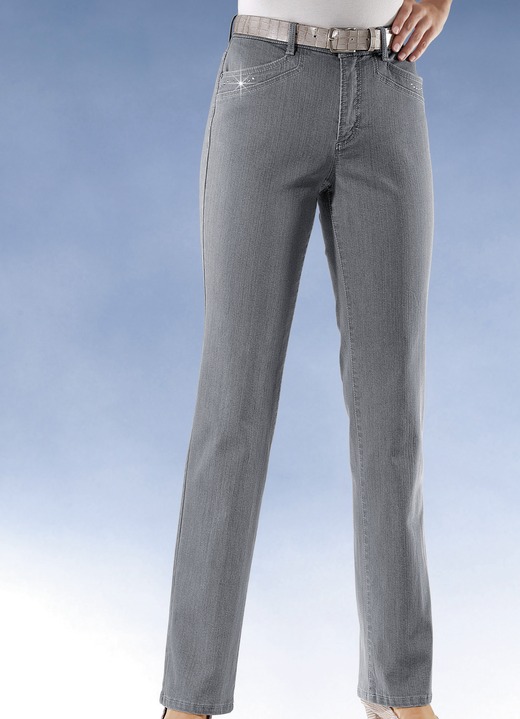 Jeans - Comfortjeans versierd met strassteentjes in 6 kleuren Jeans - Comfortjeans versierd met strassteentjes in 6 kleuren, in Größe 018 bis 054, in Farbe LICHTGRIJS