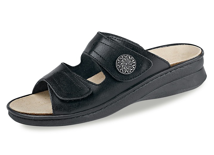 Sandalen & slippers - Muiltjes met met leer beklede kurk en voetbed van natuurlijk rubber, in Größe 036 bis 042, in Farbe ZWART Ansicht 1