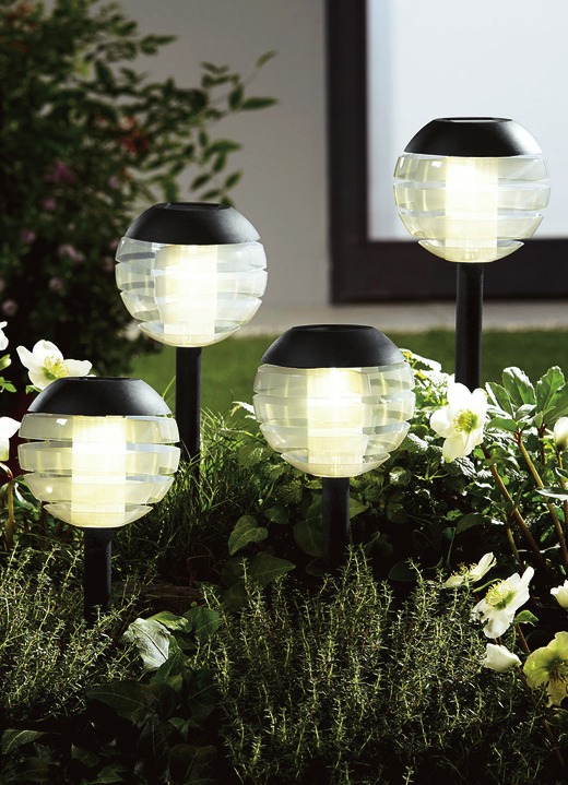 Tuinverlichting - Lamp op zonne-energie, set van 4, met softtone-LED, in Farbe ZWART
