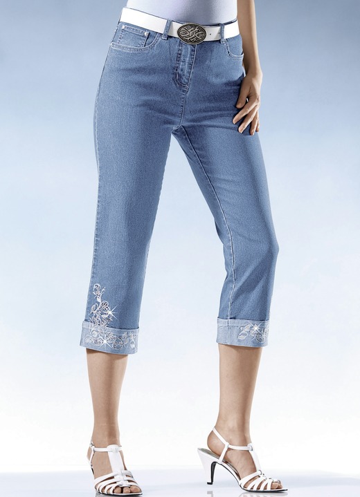 7/8-broeken, capri, bermuda's - 7/8 jeans met bloemenborduursel 7/8-broeken, capri, bermuda's - 7/8 jeans met bloemenborduursel, in Größe 018 bis 054, in Farbe LICHTBLAUW