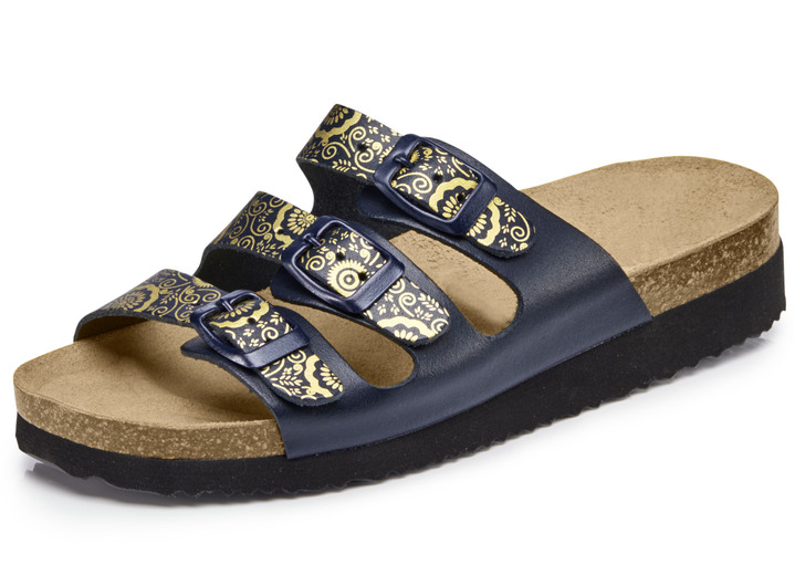 Sandalen & slippers - Muiltjes met kurk en diep voetbed van natuurlijk rubber, in Größe 036 bis 042, in Farbe MARINE-GOUD Ansicht 1