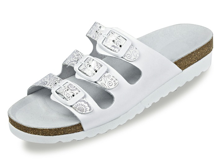 Sandalen & slippers - Klassieke damesmuiltjes met verstelbare bandjes, in Größe 036 bis 042, in Farbe WIT-ZILVER Ansicht 1