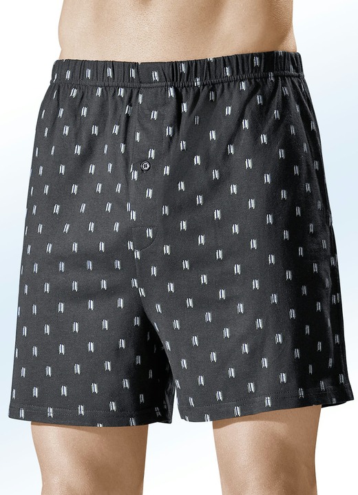 Pants & boxershorts - Vierpack boxershorts, kleurrijk vormgegeven, in Größe 005 bis 016, in Farbe 2x ZWART-MEERKLEURIG, 2x DUIFBLAUW-MEERKLEURIG