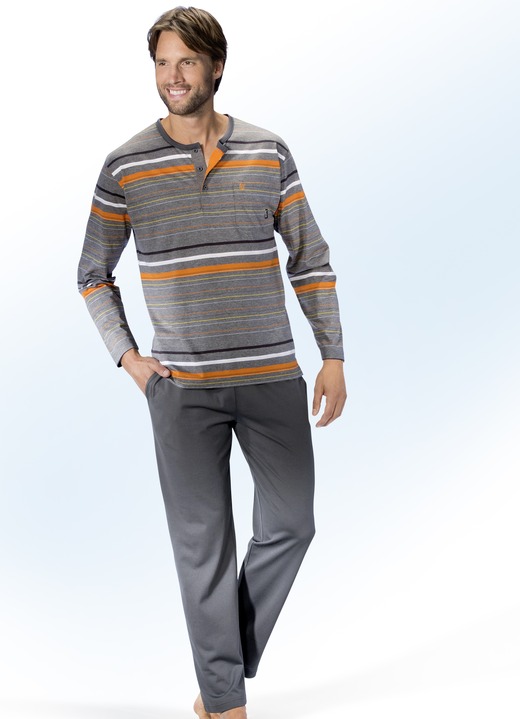 Pyjama's - Hajo Klima Komfort pyjama met knopenlijst, in Größe 046 bis 062, in Farbe GRAFIET-MEERKLEURIG