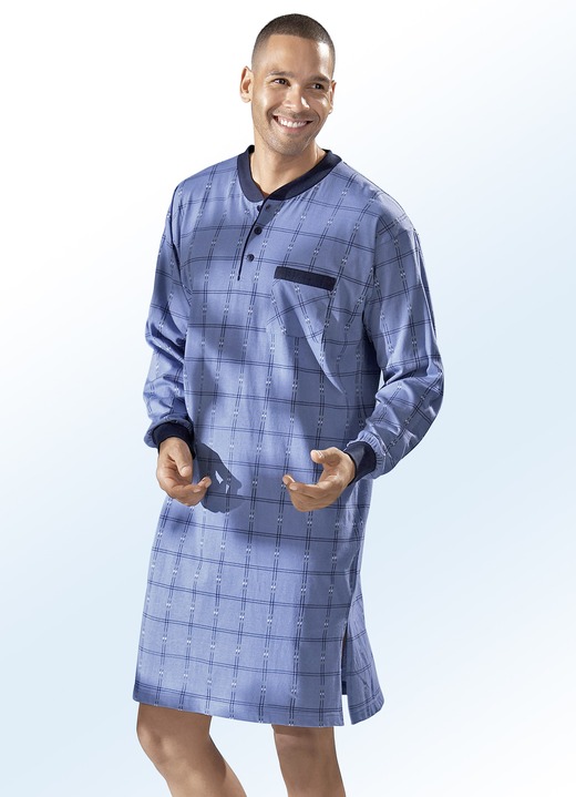 Nachthemden - Nachthemd met ruitjesdessin, knopenlijst en manchetten, lange mouwen, in Größe 048 bis 068, in Farbe JEANSBLAUW-MEERKLEURIG