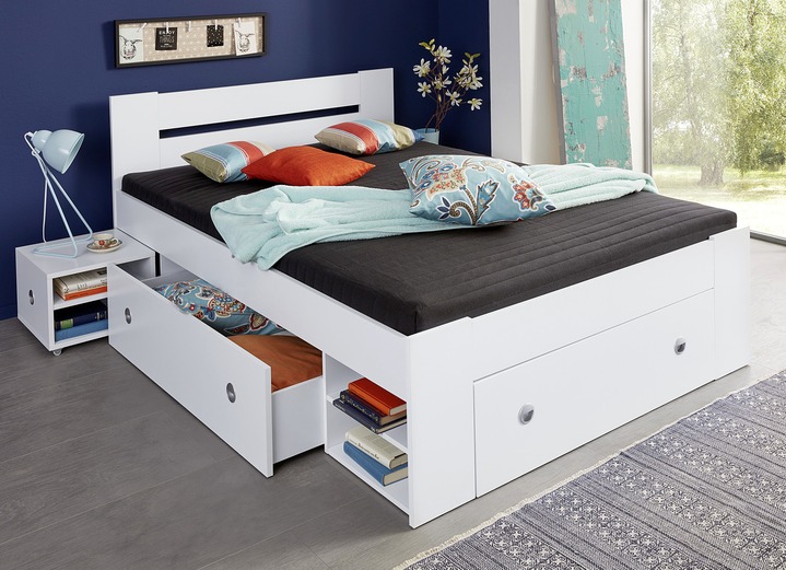 - Futonbed met uitschuifbare nachtkastjes, in Farbe WIT, in Ausführung Futonbed, zonder rollen en matras