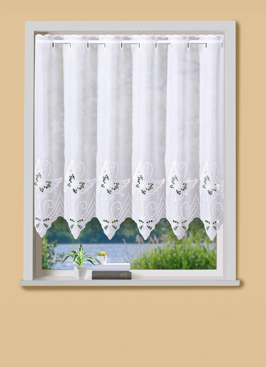 Plauener Stickerei - Hoogwaardige korte vitrage met plauener kant, in Größe 790 (45 x 148 cm) bis 894 (100 x 150 cm), in Farbe WIT Ansicht 1