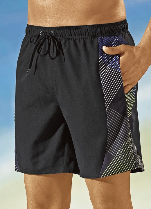 Herren - Badeshorts mit seitlichen Einsätzen, Microfaser, in Größe 005 bis 014, in Farbe SCHWARZ-BLAU-GRÜN